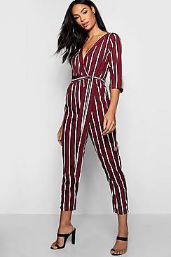 Boohoo Striped Wrap Tie Belt Jumpsuit