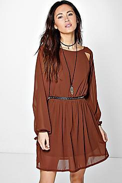 Boohoo Claire Cut Out Sleeve Chiffon Skater Dress