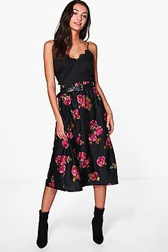 Boohoo Tall Alisha Dark Floral Midi Skirt