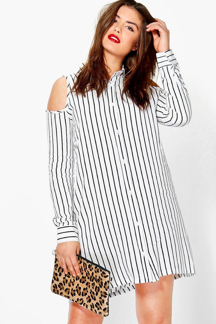 Boohoo Plus Hayley Cut Out Shoulder Shirt Dress White