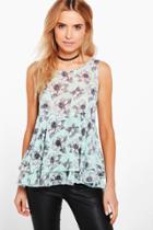Boohoo Matilda Floral Print Ruffle Hem Tank Top Mint