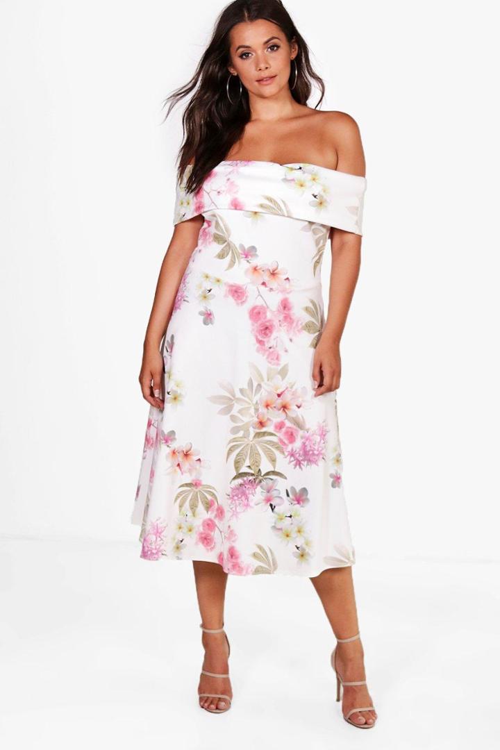 Boohoo Plus Zoe Oversized Bardot Midi Skater Dress Multi