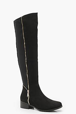 Boohoo Stretch Back Zip Detail Flat Knee High Boots