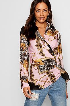 Boohoo Mix Print Plunge Twist Blouse