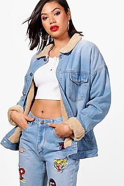 Boohoo Ryan Borg Collar Padded Denim Trucker Jacket