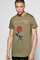 Boohoo Longline Twisted Rose T Shirt With Curved Hem