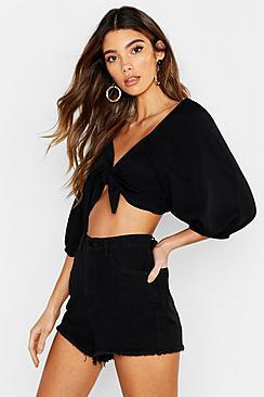 Boohoo Woven Viscose Volume Sleeve Tie Front Crop Top