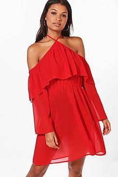 Boohoo Hol Extreme Cold Shoulder Georgette Dress