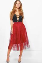 Boohoo Petite Shania Tulle Full Midi Skirt Merlot