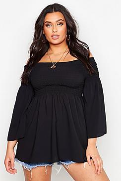 Boohoo Plus Shirred Off Shoulder Smock Top