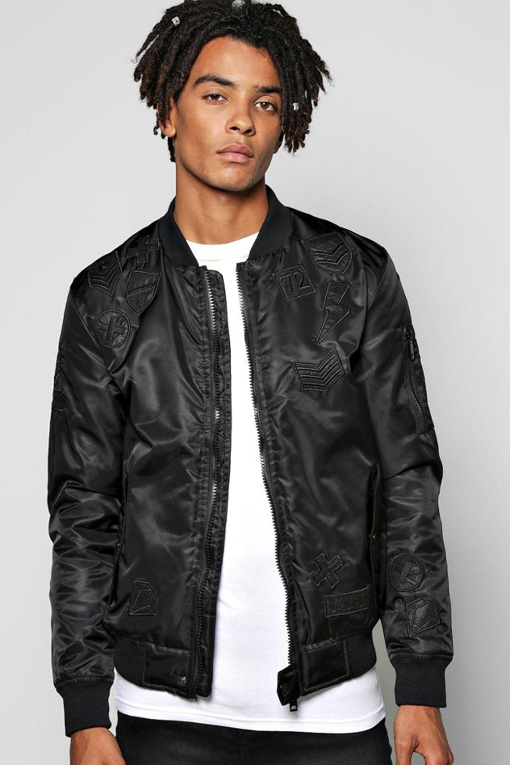 Boohoo Tonal Badged Padded Bomber Black