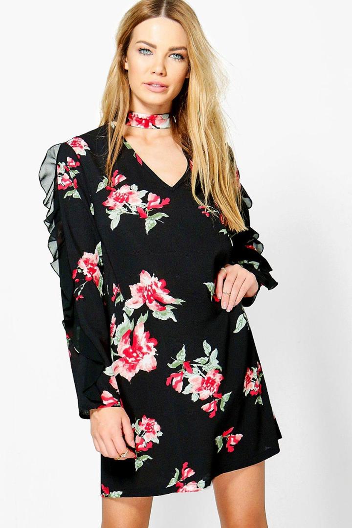 Boohoo Melody Floral Ruffle Tie Neck Shift Dress Black