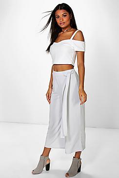 Boohoo Serena Tie Waist Wide Leg Cropped Trousers