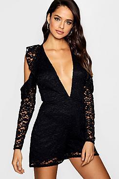 Boohoo Tall Plunge Ruffle Lace Playsuit
