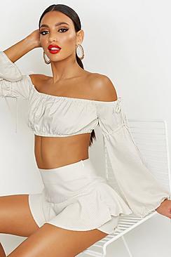 Boohoo Woven Tie Detail Volume Sleeve Bardot Top