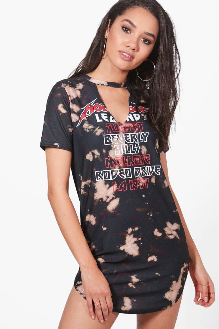 Boohoo Petite Natalie Slogan Print Acid Wash T-shirt Dress Multi