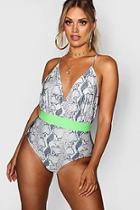 Boohoo Plus Snake Neon Belted Plunge Swimsuit