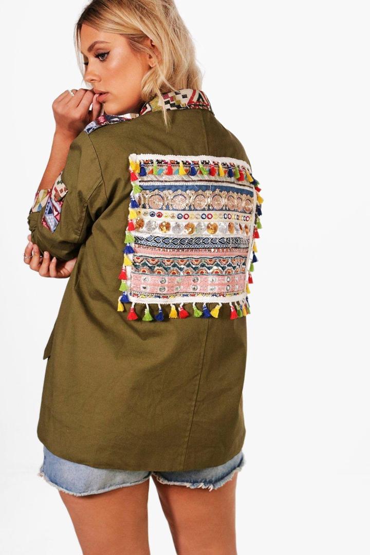 Boohoo Plus Ivy Embroidered Detail Festival Parka Khaki