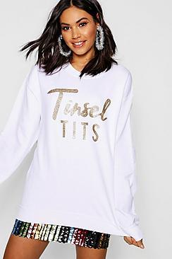Boohoo Christmas Tinsel Tits Glitter Print Sweat Sweater