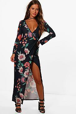 Boohoo Petite Faith Long Sleeve Wrap Maxi Dress