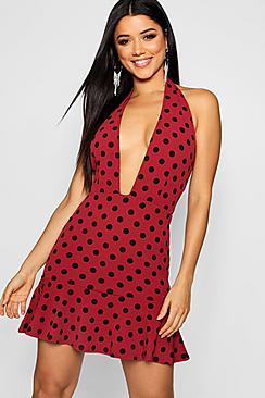 Boohoo Polka Dot Frill Hem Halter Neck Bodycon Dress