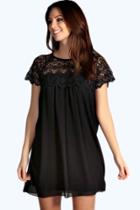 Boohoo Erin Woven Crochet Lace Shoulder Swing Dress Black
