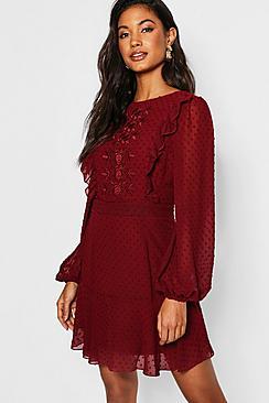Boohoo Embroidered Dobby Chiffon Ruffle Detail Mini Dress