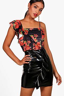 Boohoo Mia Printed Velvet Ruffle Crop