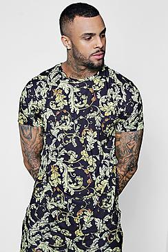 Boohoo Baroque Print T-shirt With Curve Hem Co-ord