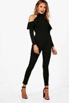 Boohoo Louise High Neck Ruffle Cold Shoulder Jumpsuit