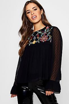 Boohoo Petite Jillian Tie Neck Embroidered Smock Top