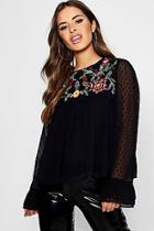 Boohoo Petite Jillian Tie Neck Embroidered Smock Top