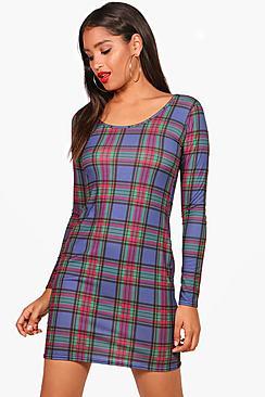 Boohoo Yaz Tartan Check Long Sleeved Bodycon Dress