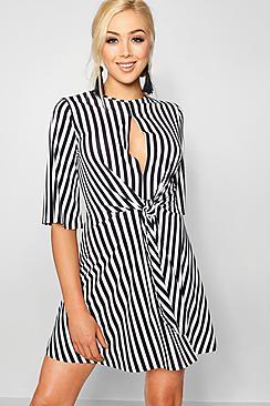 Boohoo Aurora Striped Keyhole Knot Front Skater Dress