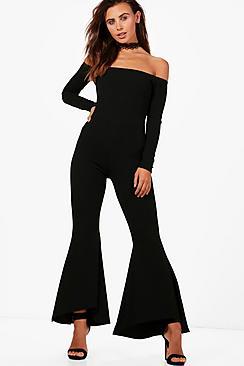 Boohoo Petite Georgina Bardot Frill Hem Jumpsuit