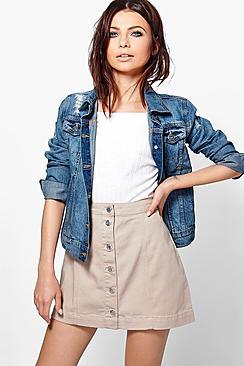 Boohoo Jess Stone Button Through A Line Denim Skirt