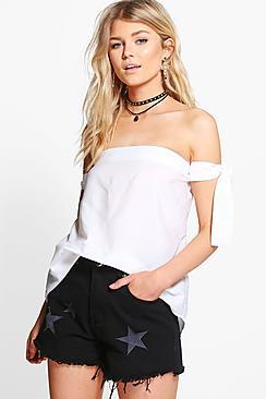 Boohoo Petite Georgia Off The Shoulder Tie Woven Top