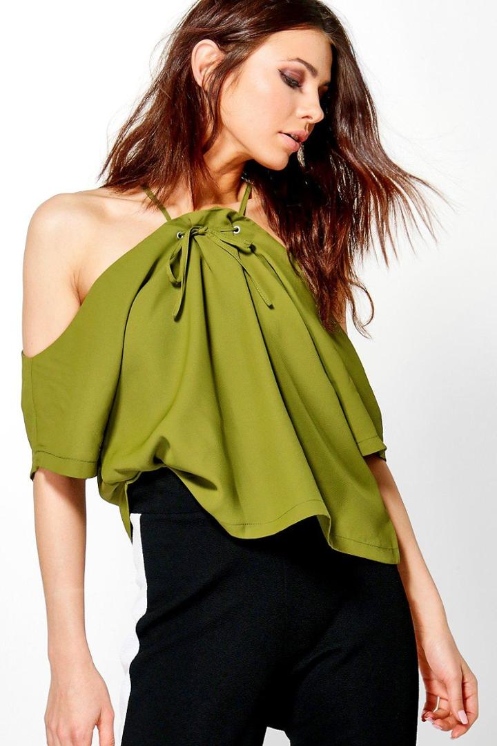 Boohoo Tamara Tie Detail Cold Shoulder Khaki