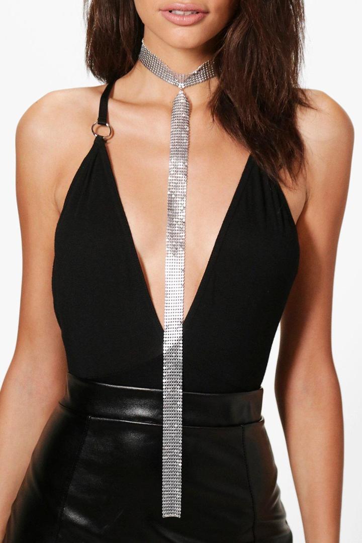 Boohoo Lisa Diamante Chainmail Plunge Detail Choker Silver