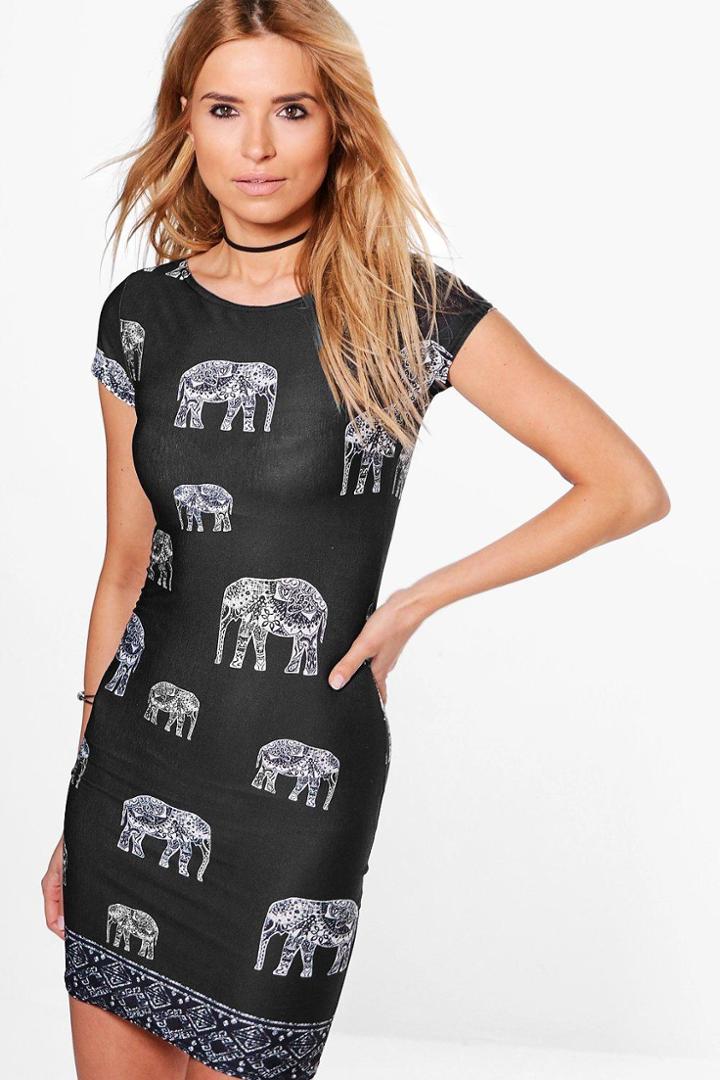 Boohoo Ali Elephant Print Cap Sleeve Bodycon Dress Black