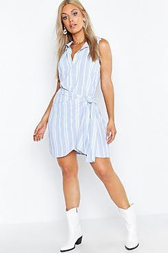 Boohoo Plus Stripe Tie Waist Sleeveless Shirt Dress