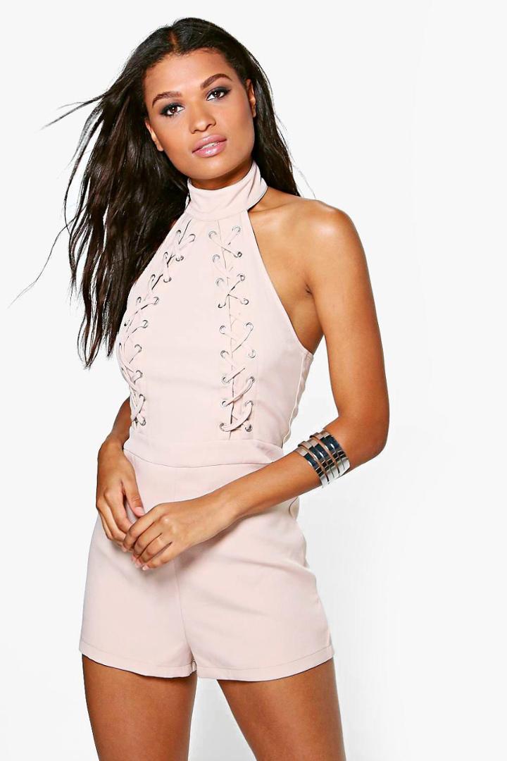 Boohoo Lois High Neck Lace Up Detail Open Back Playsuit Stone
