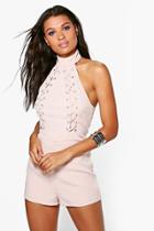 Boohoo Lois High Neck Lace Up Detail Open Back Playsuit Stone