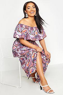Boohoo Plus Paisley Ruffle Bardot Top And Maxi Skirt