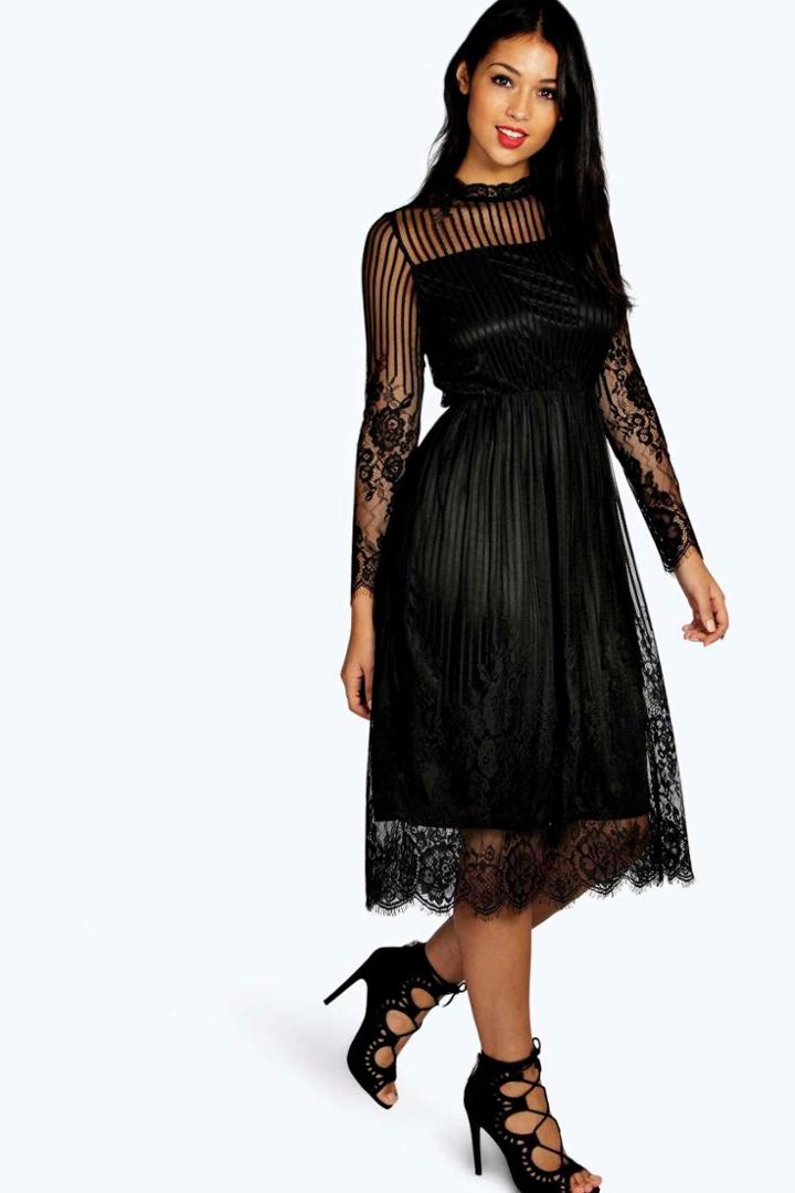 Boohoo Lucia Lace High Neck Midi Dress Black