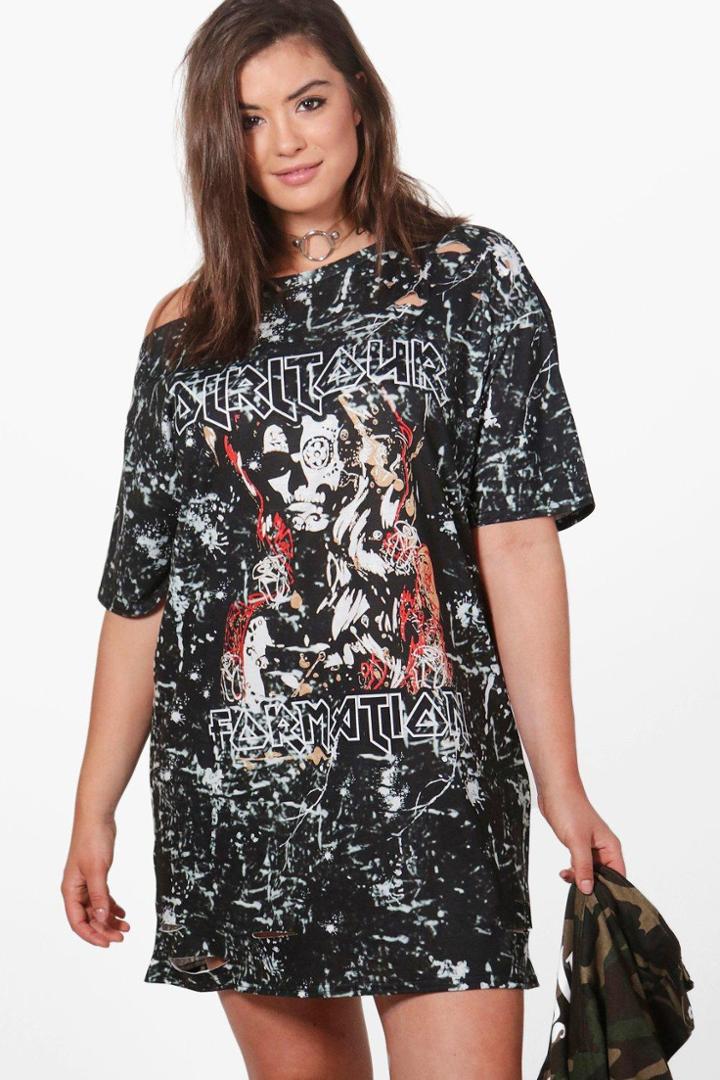 Boohoo Plus Rosie Open Shoulder Distressed Band Dress Multi
