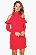 Boohoo Lo High Neck Frill Detail Open Shoulder Shift Dress