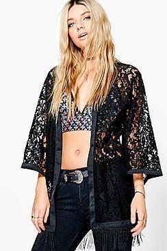 Boohoo Katie Lace Satin Trim Tassel Hem Kimono