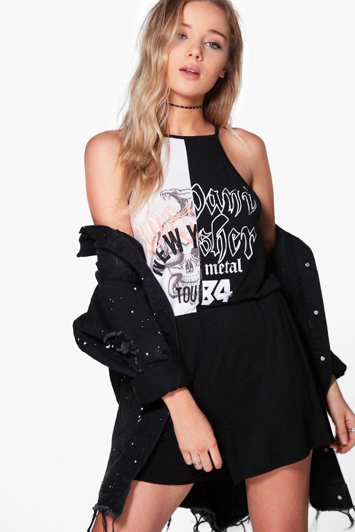 Boohoo Jane Spliced Rock Print Playsuit Multi
