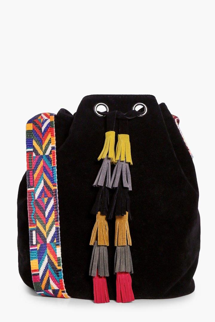 Boohoo Louise Aztec Strap & Tassel Duffle Bag Black